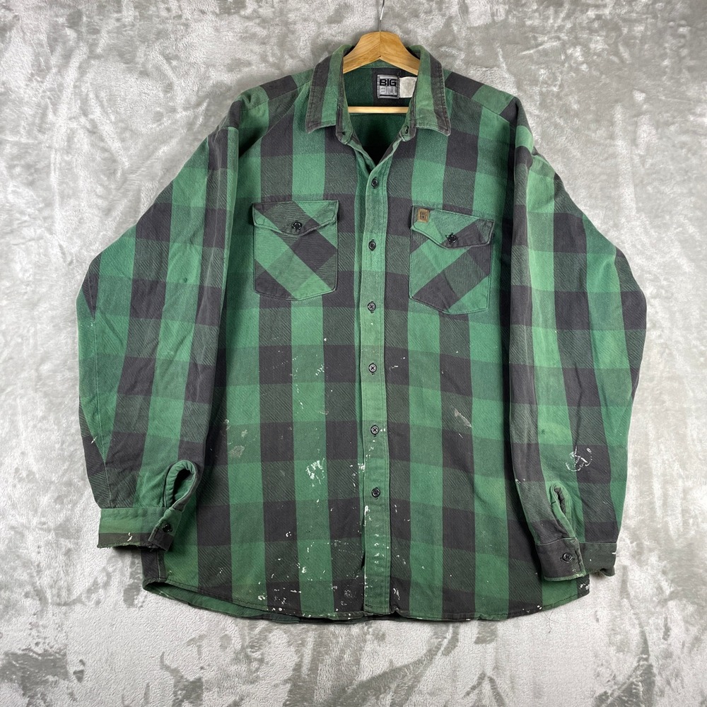 Vintage 90s Big Bill Flannel Shirt Mens 2XL Tall Green Buffalo Plaid Made in USA